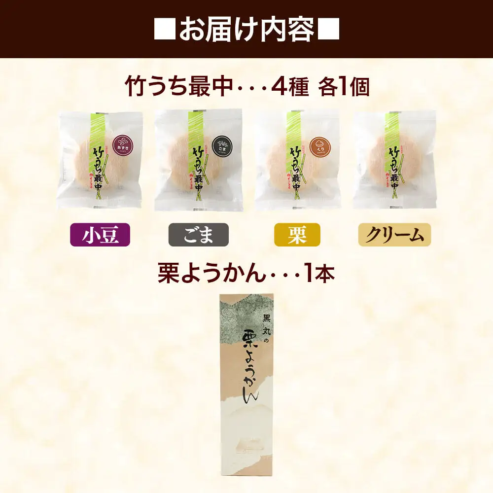最中と羊羹 竹うちもなか4種（小豆／ごま／栗／クリーム各1個）・栗ようかん1本 セット