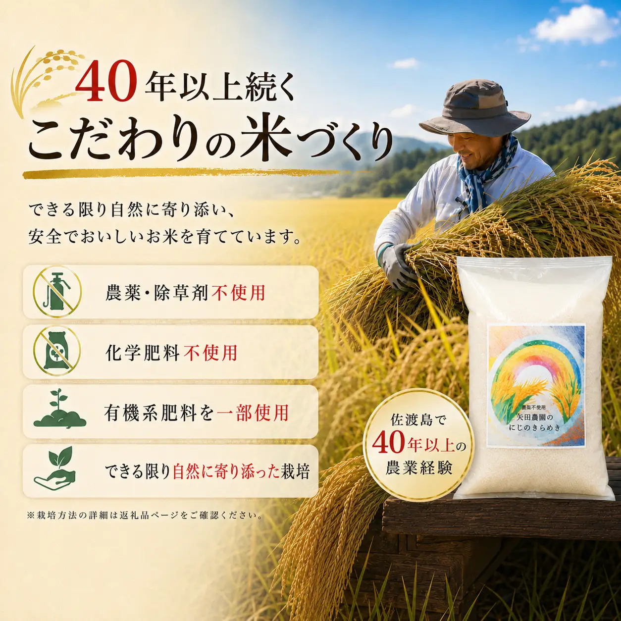【令和8年産】佐渡産にじのきらめき 精米5kg 栽培期間中 農薬・化学肥料不使用 矢田農園