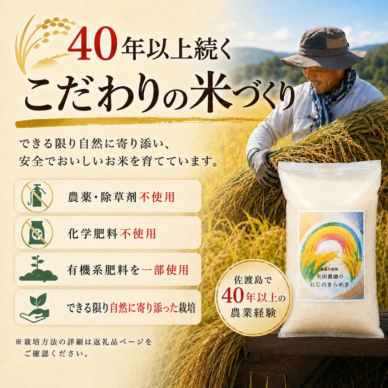 【3か月定期便 令和8年産】佐渡産にじのきらめき 精米(5kg×3回) 栽培期間中 農薬・化学肥料不使用 矢田農園