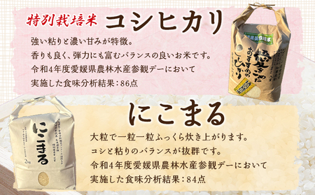 ＜令和7年産 西予市宇和町産 特別栽培米コシヒカリ・にこまる 食べ比べセット 合計4kg（各2kg）＞ お米 コメ 白米 精米 ご飯 ライス 穀物 こしひかり 晩稲 大粒 特産品 三好フク 愛媛県 西予市『1か月以内に順次出荷予定』 UMH0001