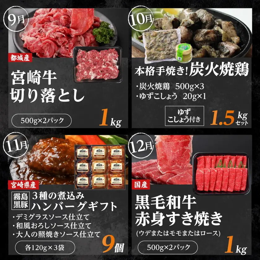【☆セレクト定期便☆】都城物産1号館☆定期便(12ヶ月)≪2027年お届け≫〔S-001-T12-2027〕_(都城市) 宮崎県 ブランド豚 しゃぶしゃぶ 魚 ナッツ 宮崎牛 黒毛和牛 ステーキ 切り落とし すき焼き チキン南蛮 スイートコーン 味来コーン うなぎ 蒲焼 焼鳥 炭火焼 煮込みハンバーグ 定期便 12回 1年