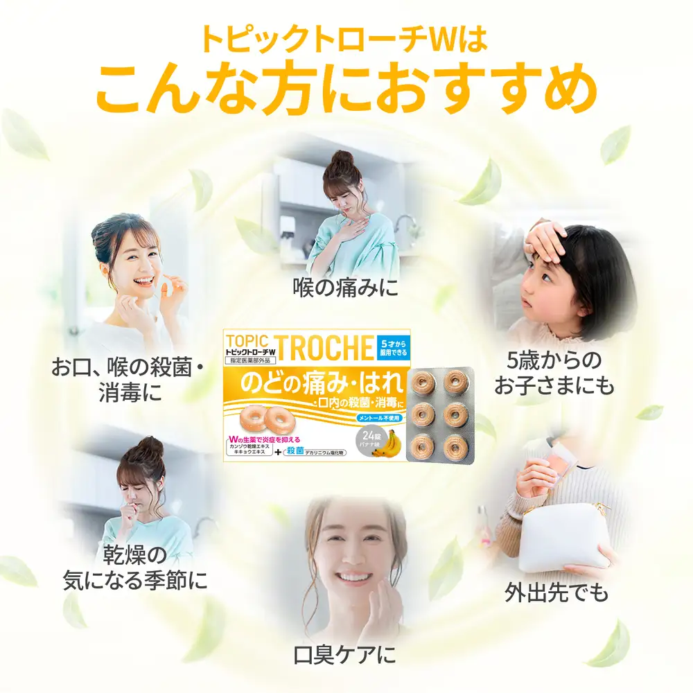 【 のどの痛みに 】 日新薬品工業 トピックトローチW バナナ味 24錠 ×5個セット ｜ メントール不使用 子供 薬用 生薬 のど［指定医薬部外品］