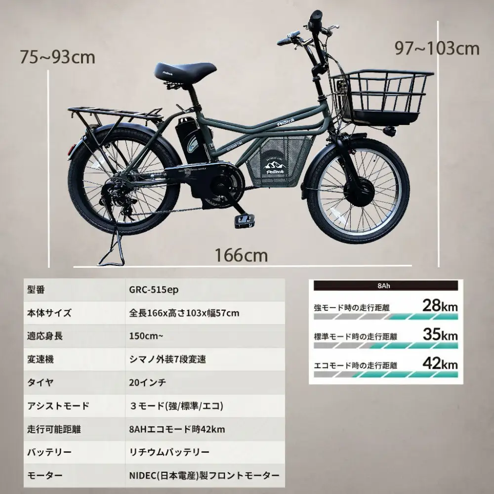 完成品でお届け！GRC-515ep 限定カラー【カラー：マットオリーブ】整備済み 電動自転車 eカーゴバイク 前カゴ付き電動アシスト自転車 20インチ 小径 低重心 シマノ製外装7段変速大阪府 堺市 完全組立 整備済発送 組立不要