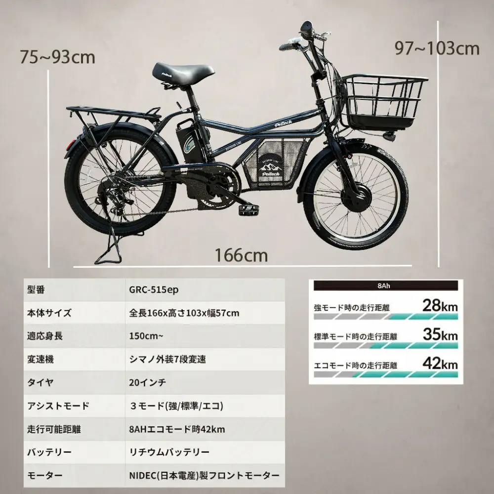 完成品でお届け！GRC-515ep 限定カラー【カラー：ノクターンブラック】整備済み 電動自転車 eカーゴバイク 前カゴ付き電動アシスト自転車 20インチ 小径 低重心 シマノ製外装7段変速大阪府 堺市 完全組立 整備済発送 組立不要