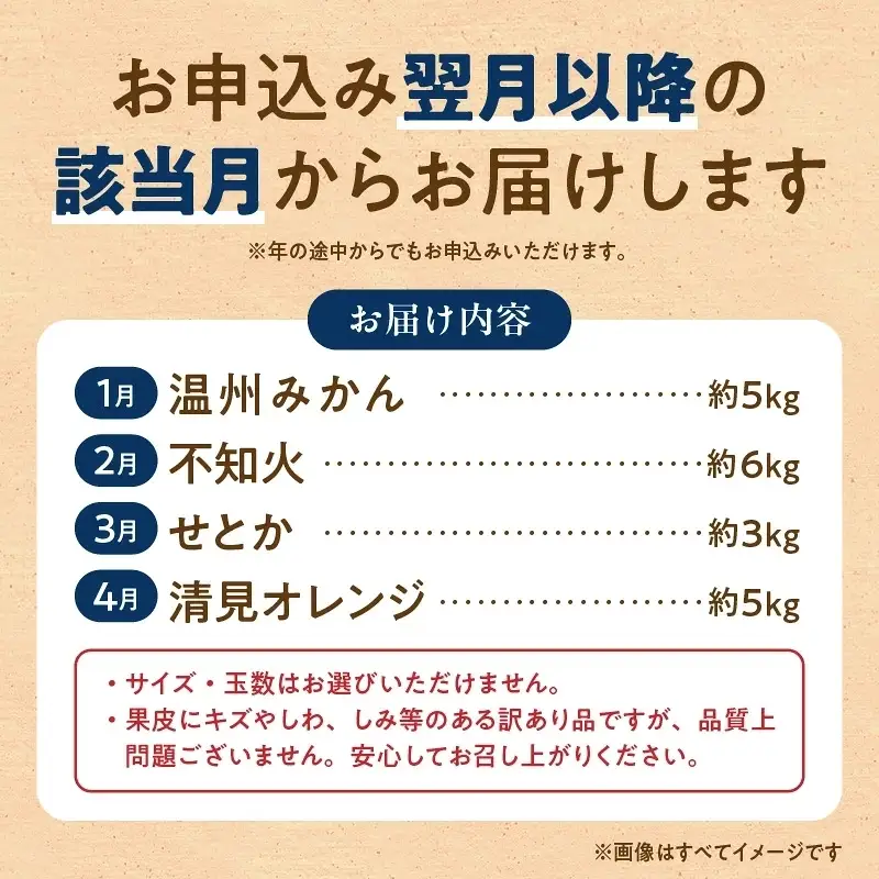 【発送月固定定期便】紀州和歌山産旬のご家庭用柑橘セット(みかん・不知火・せとか・清見)全4回 _G70-T01