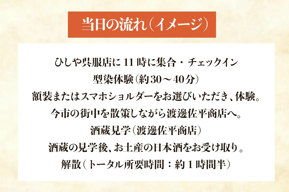 日光今市の伝統を巡る旅。老舗呉服店の「型染体験」＆老舗酒蔵の「酒蔵見学＆お日本酒のお土産」満喫ペアチケット(所要時間：約1時間30分) [1067]