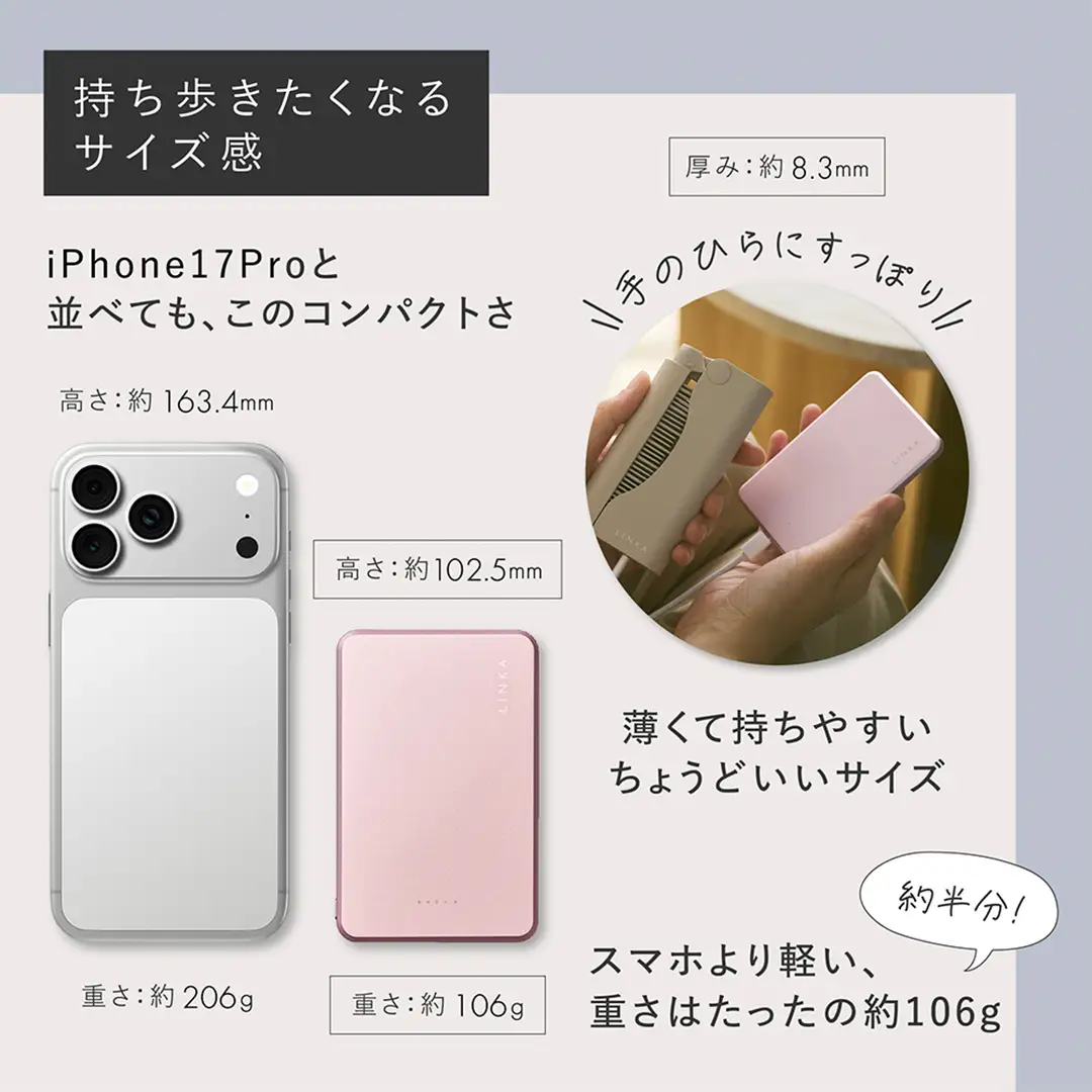LINKA グロウチャージ（ムーングレイ）薄型モバイルバッテリー モバイルバッテリー USBケーブル