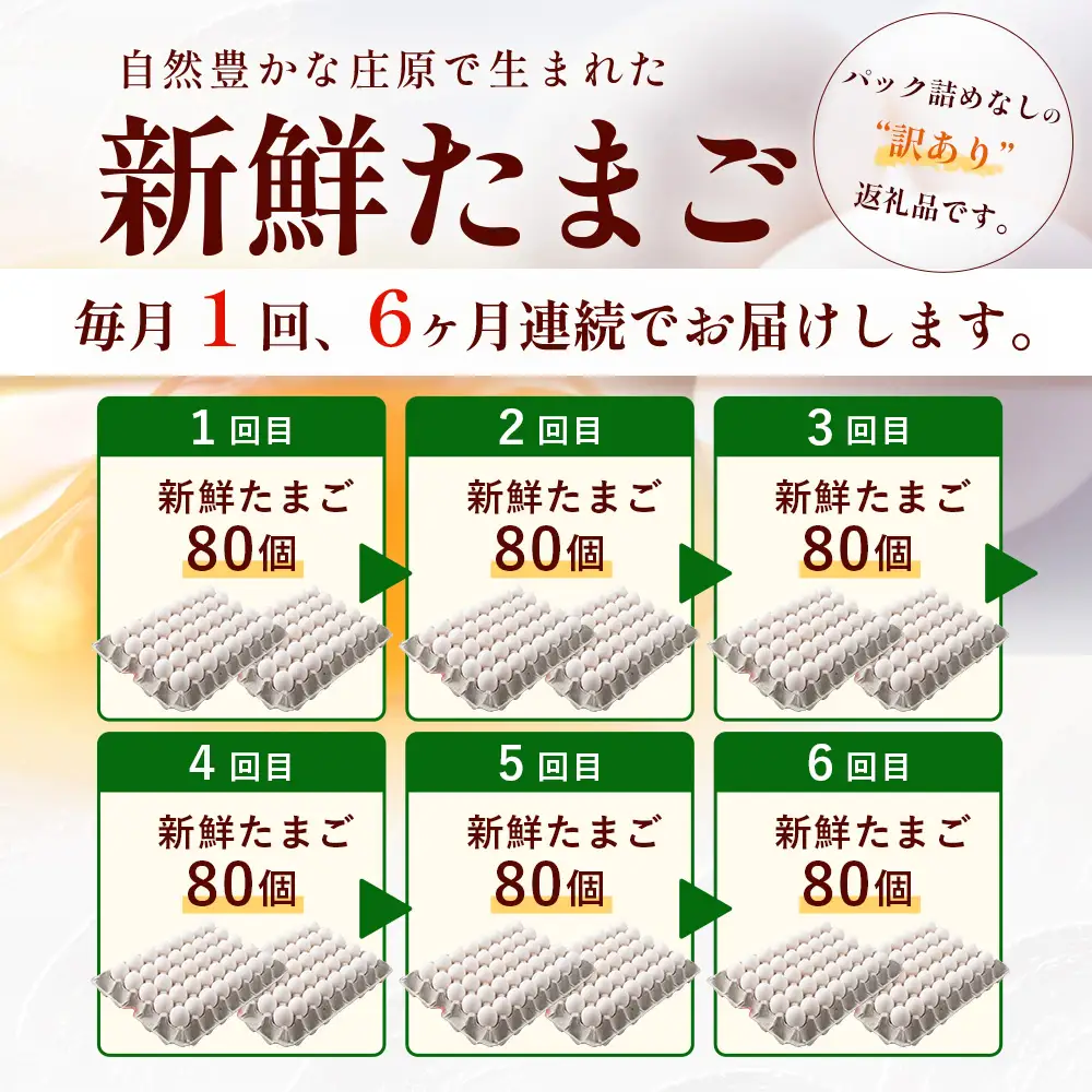 定期便 6回配送 新鮮 たまご 80個×6回 合計480個 | 自然豊かな庄原で生まれた 新鮮たまご 広島県 庄原市 卵 たまご 玉子 タマゴ 鶏卵 生卵 ワケアリ 訳アリ MSサイズ～2Lサイズ サイズ混合 サイズ指定不可