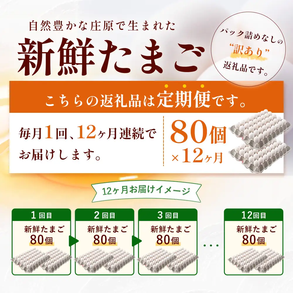 定期便 12回配送 新鮮 たまご 80個×12回 合計960個 | 自然豊かな庄原で生まれた 新鮮たまご 訳アリ MSサイズ～2Lサイズ サイズ混合 サイズ指定不可