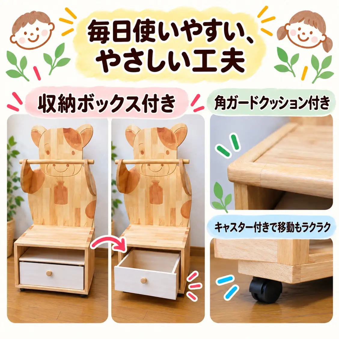 木製キッズ家具 もっててラック【うし】組立済み