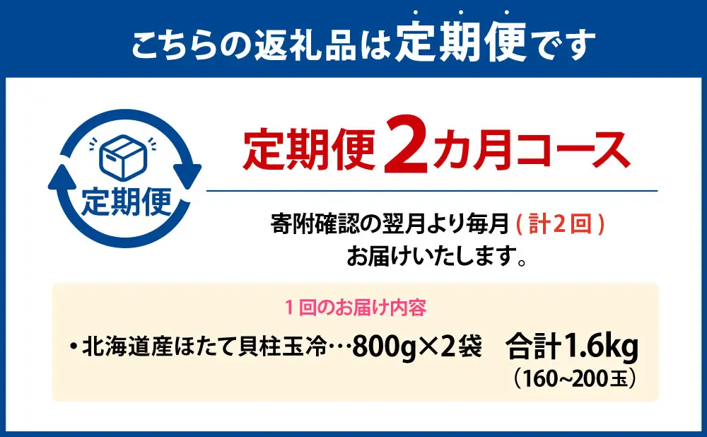 [ 定期1ヶ月毎2回 ]  北海道産 ほたて 貝柱玉冷 約1.6g （ 160 ~ 200玉 ） 800g × 2パック ホタテ 帆立 貝柱 玉冷 貝 魚介 魚介類 海鮮 海産物 刺身 お刺身 バター焼き フライ カルパッチョ 保存性 利便性 国産 冷凍 定期便 定期配送