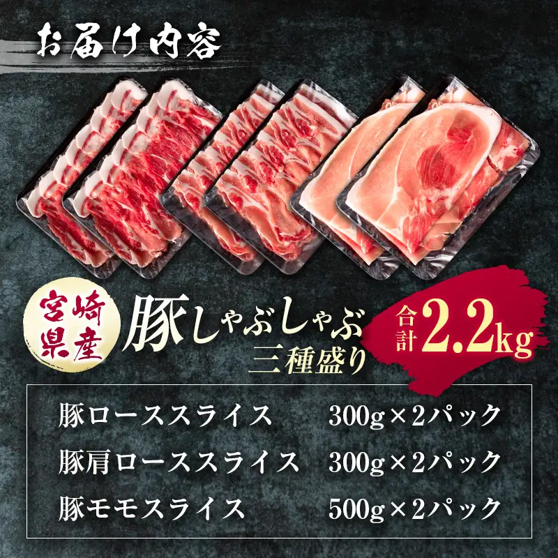 宮崎県産 豚しゃぶしゃぶ三種盛り食べ比べセット 合計2.2kg ※2026年12月お届け【B584-12】