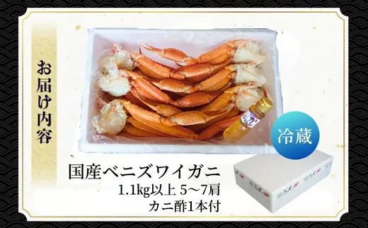 訳あり 浜茹で 国産ベニズワイガニ 5～7肩 1kg以上 カニ酢付き 19-16