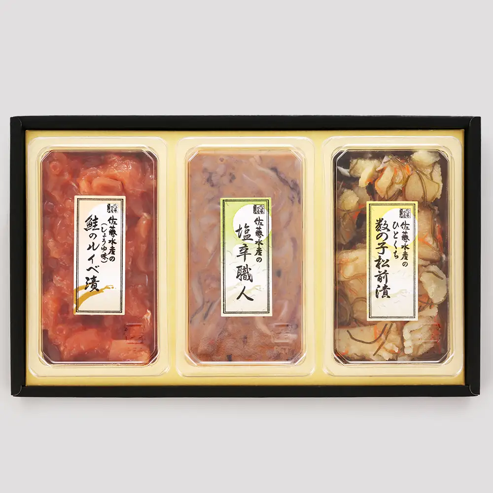 佐藤水産 ご飯のおとも3種①.鮭ルイベ いか塩辛 松前漬け