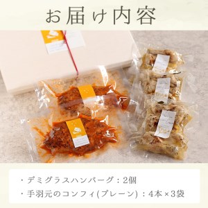 【0114202a】デミグラスハンバーグ(2個)と5時間煮込んだ手羽元のコンフィ(計12本・4本×3袋)【Food＆SpiceSoerwCoco】