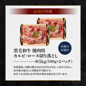S001-024A_黒毛和牛 焼肉 カルビ ロース 切り落とし 1kg ミシュランビブグルマン 獲得 黒毛和牛 焼肉用 約 500g × 2パック A4 〜 A5 等級 厚切り きめ細かい 霜降り サシ 複数部位 ミックス 美味しい お肉 牛 牛肉 専門店 お取り寄せ グルメ 熊本県 天草市 送料無料