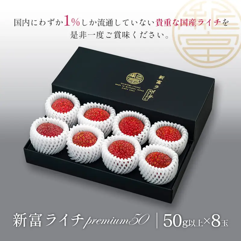 ［2027年発送］先行予約 希少！国産＜新富ライチpremium50＞50g以上×8玉 国産 ブランド フルーツ 果物 贈答品【C52-27】