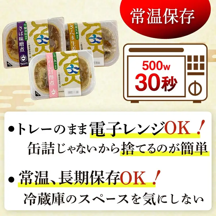 三陸漁師美味一品 詰め合わせ 3種×12P 計36P（さんま生姜煮・さば味噌煮・いわし甘酢煮） 