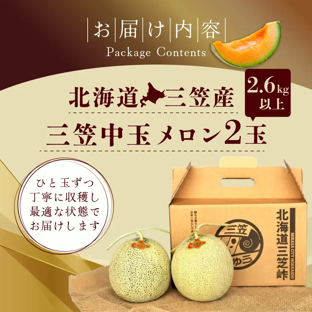 《2026年分受付中》とろける食感と甘い香り北海道三笠メロン2玉入（2.6kg以上）【0100104】