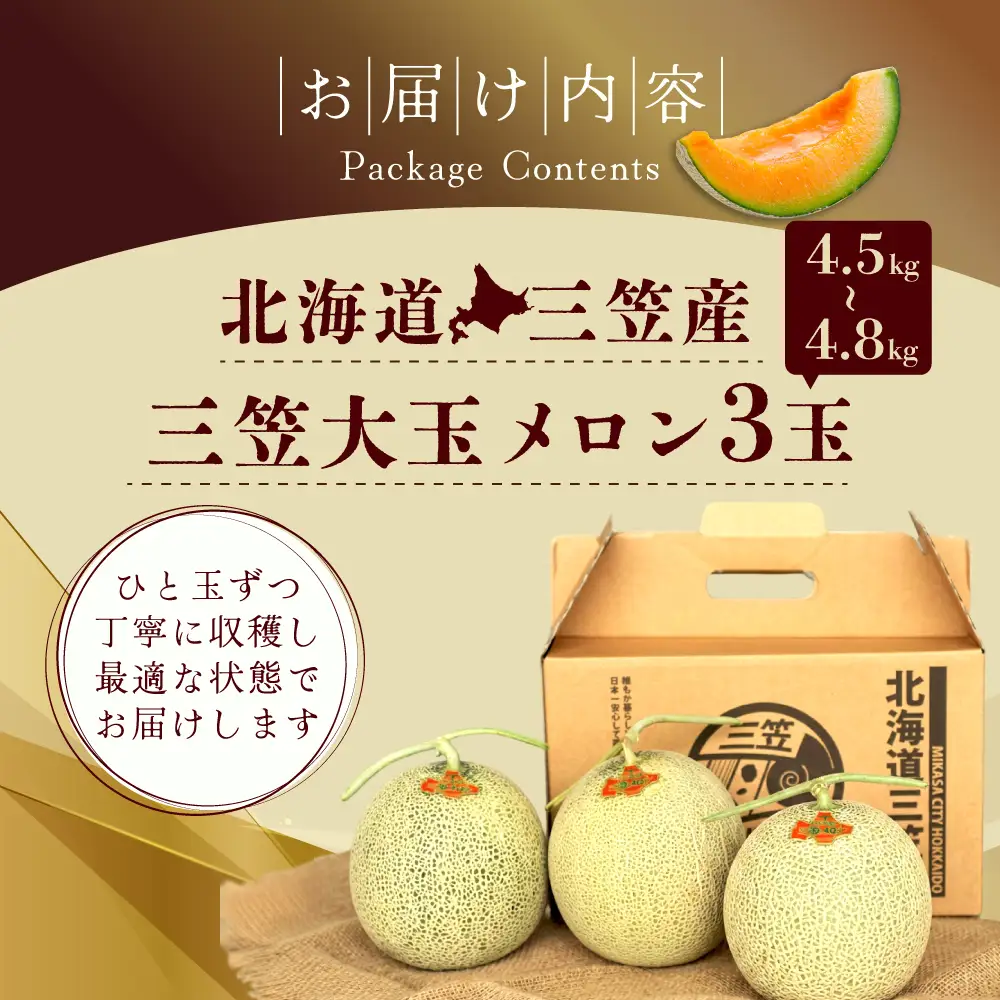 《2026年分受付中》大玉！とろける食感と甘い香り北海道三笠メロン3玉入（4.5kg～4.8kg）【0100203】