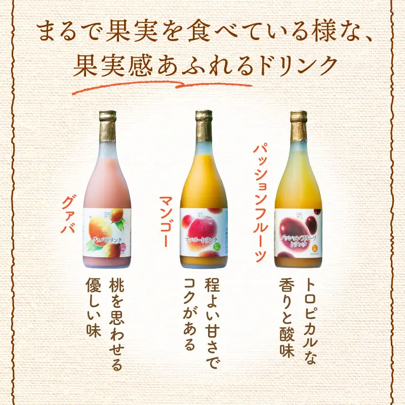 驚きの果実感！トロピカルフルーツドリンク(合計3本・各720ml、マンゴー、グァバ、パッションフルーツ) 飲み物 果物 フルーツ_K021-005