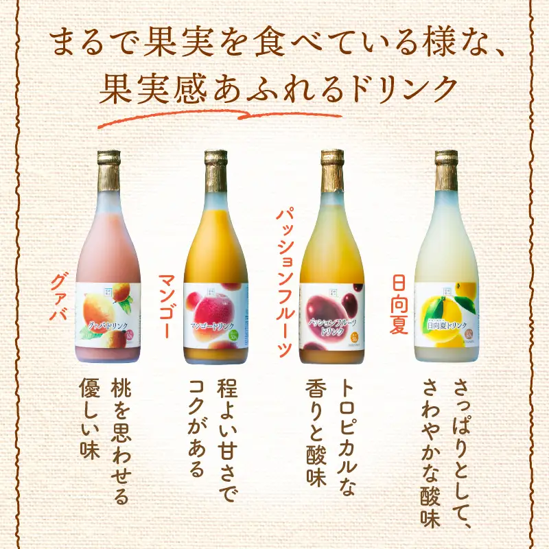 驚きの果実感！トロピカルフルーツドリンク(合計12本・4種各720ml×3本、マンゴー、グァバ、パッションフルーツ、日向夏) 果物 フルーツ 飲み物_K021-003