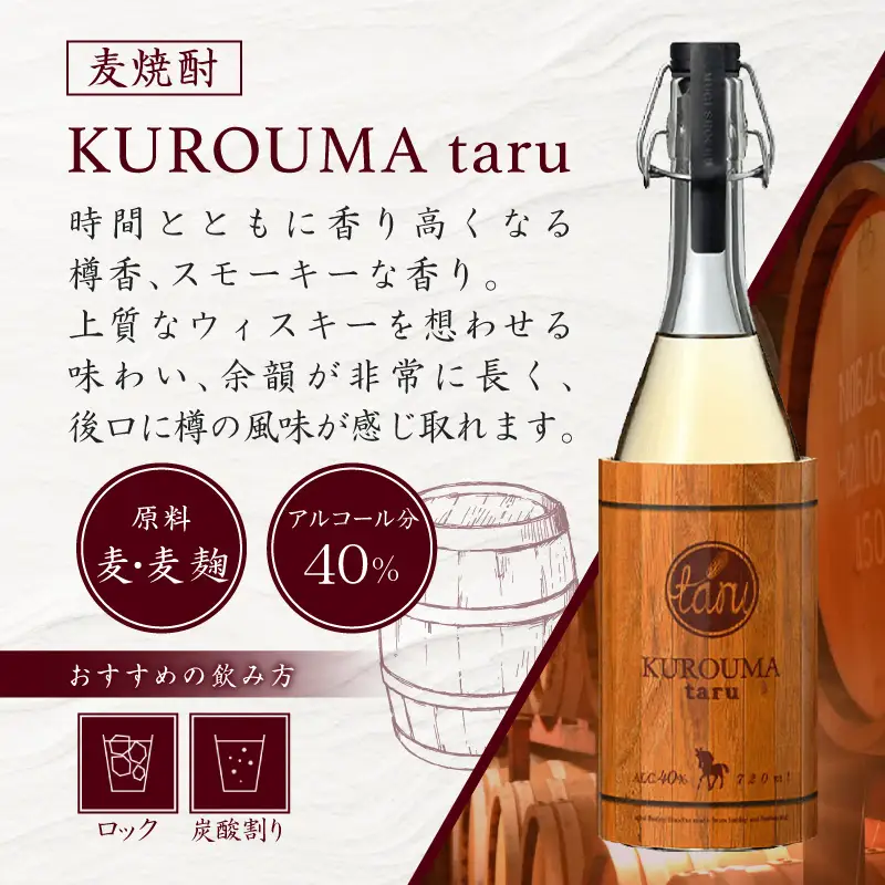 トンネル長期貯蔵 麦焼酎 KUROUMA taru 40度 2本 セット 化粧箱入り トンネル長期貯蔵 麦焼酎 お酒 焼酎 麦 焼酎 むぎ焼酎 九州 贈答 贈り物 贈答品 ギフト プレゼント 還暦祝い 内祝い お祝い 誕生日 父の日 お返し 人気 おすすめ 男性 父親 上司 宮崎県 高千穂町 _Tk007-022