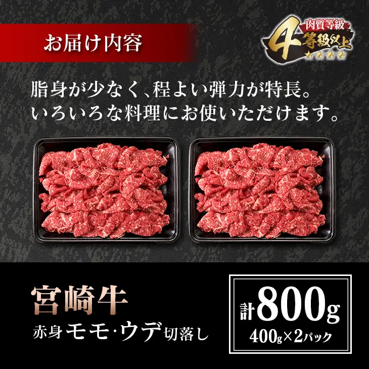 宮崎牛 赤身 モモ ウデ 切落し セット 計800g 牛肉 ビーフ 黒毛和牛 国産 ブランド牛 食品 もも うで 切り落とし 高級 贅沢 ご褒美 お祝い 記念日 人気 おすすめ カレー シチュー ハヤシライス 牛丼 おかず 冷凍 お取り寄せ グルメ 宮崎県 日南市 送料無料_DA46-25