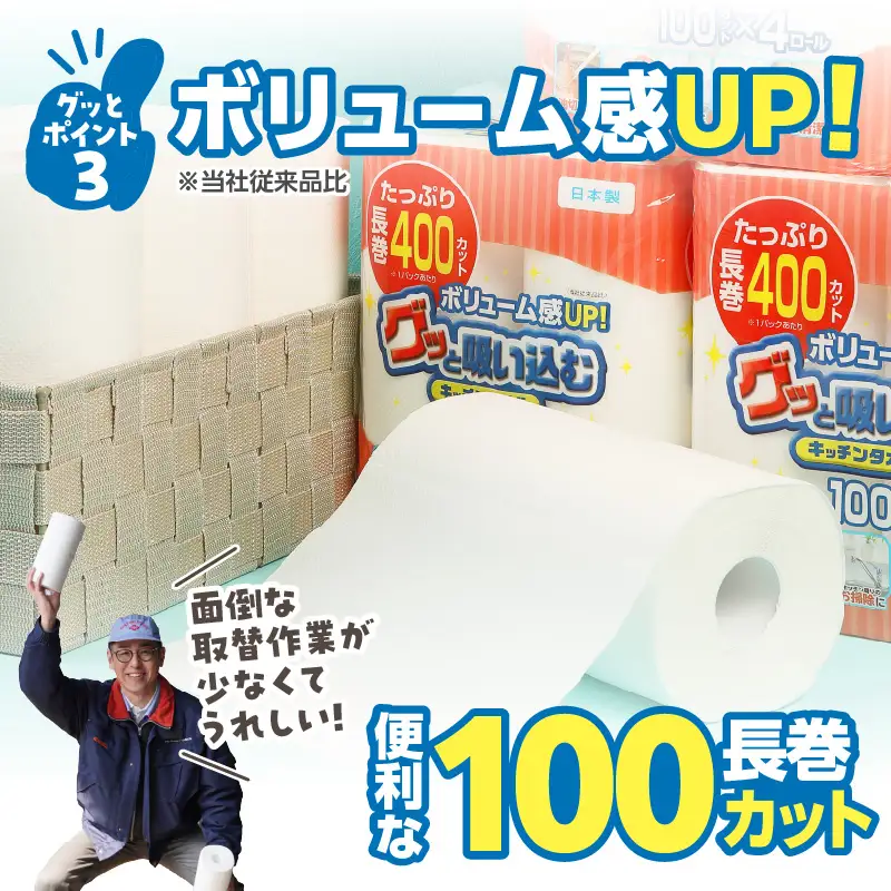 キッチンペーパー グッと吸い込むキッチンタオル100カット（4ロール×12パック） R14030