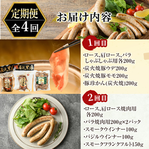 a126 鹿児島黒豚「短鼻豚」定期便(4ヶ月コース)豚肉しゃぶしゃぶ用・炭火焼肉・豚モモ肉、餃子、ハム・ソーセージなど詰め合わせた黒豚肉定期便【鹿児島ますや】