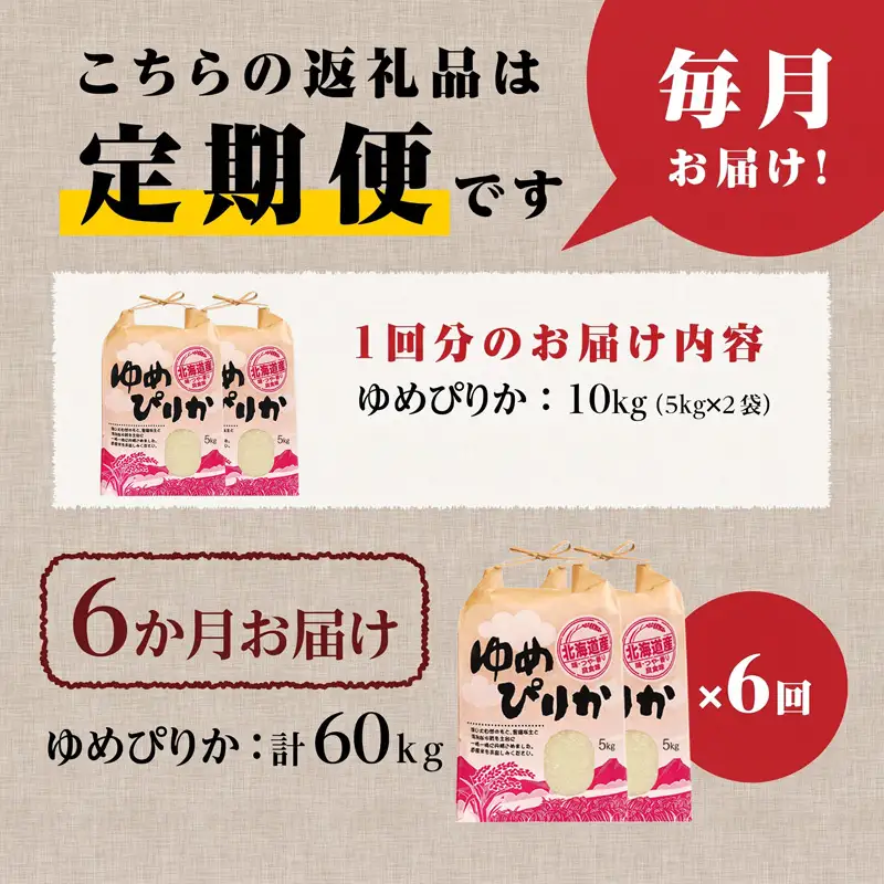 《令和7年産》6ヶ月連続お届け!ゆめぴりか10kg | 特A 白米 ブランド米 米 こめ コメ お米 ご飯 ごはん 単一米 滝川市 北海道 北海道産 道産 北海道米 定期便 生活応援 送料無料 おすすめ 人気 お弁当 贈答