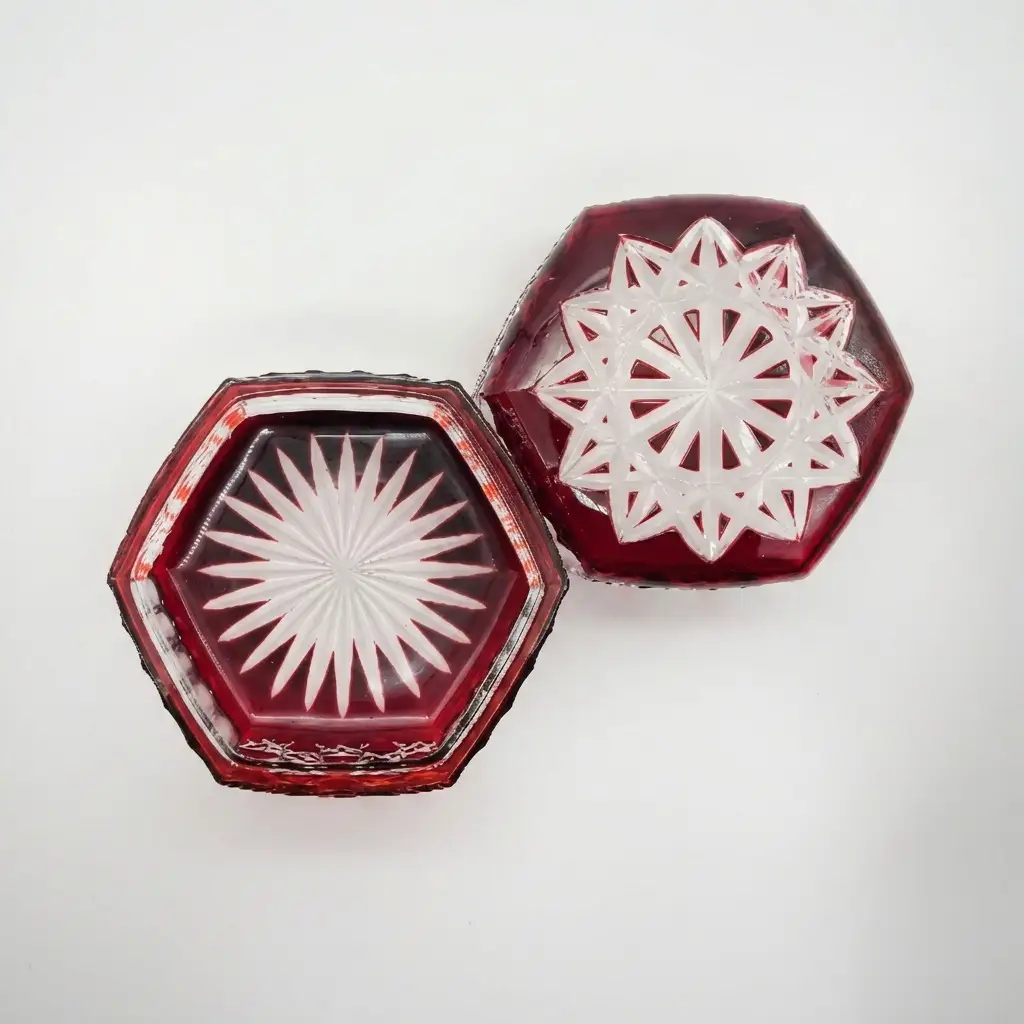 江戸切子 蓋物 紅 八角篭目紋様 ヒロタグラスクラフト 江戸切子