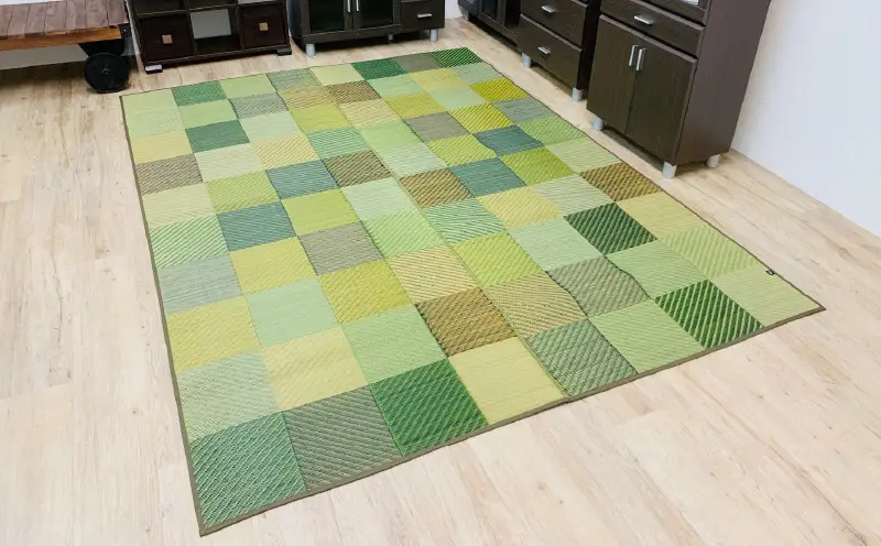 福岡 花ござ DXカラフルブロック 240×240cm（ブルー/グレイ/グリーン） カーペット ラグ