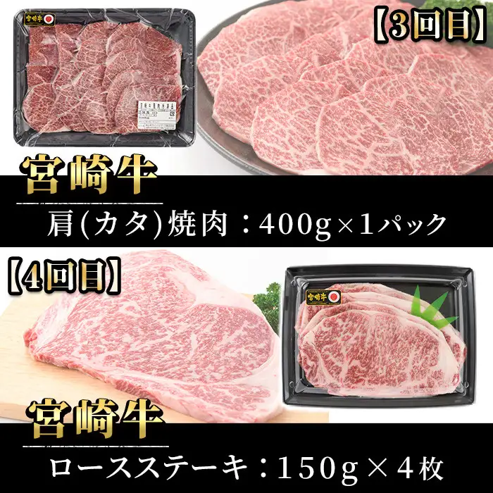 【定期便・6回連続】宮崎牛定期便(ロースステーキ、肩ロースすき焼き、肩焼肉、モモバラすき焼き)A4 A5 牛肉 精肉 お肉 しゃぶしゃぶ スライス カタ 黒毛和牛 ブランド和牛 BBQ お取り寄せ 国産 冷凍【P-26】【南日本フレッシュフード株式会社(日本ハムマーケティング株式会社)】