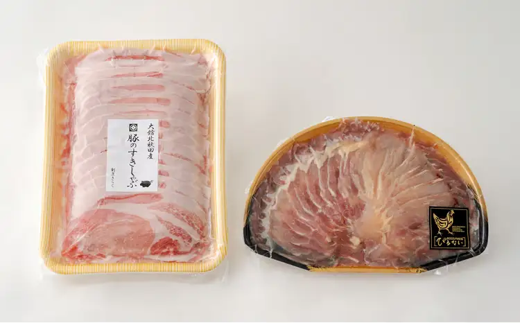 おすすめセット～その壱～（大館北秋田産豚すきしゃぶ肉＆比内地鶏しゃぶ肉）　75P2153【 割烹きらく】