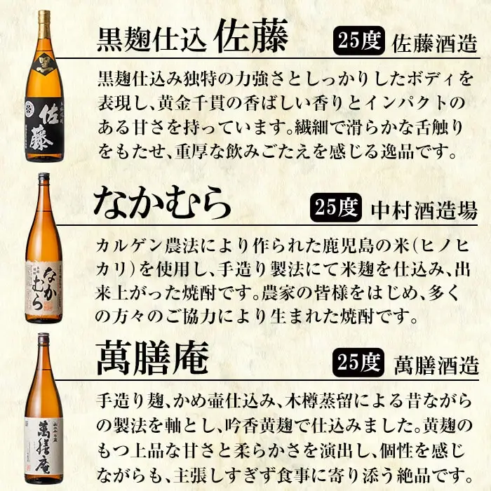 P-111 【9月30日受付終了】鹿児島本格芋焼酎「佐藤　黒・なかむら・萬膳庵・安田・明るい農村・千秀」各1800ml(一升瓶)【赤塚屋百貨店】霧島市 地酒 いも焼酎 飲み比べセット