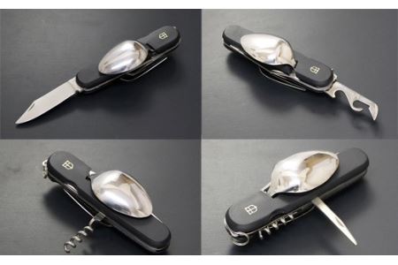 H12-52 国産スプーン・フォーク付 7徳 引割ナイフ【ブラック】（KT-513） ～サバイバル ナイフ 穴開け 栓抜き 缶切り コルク抜き アウトドア マルチツール キャンプ バーベキュー BBQ アウトドア 防災用品にも～