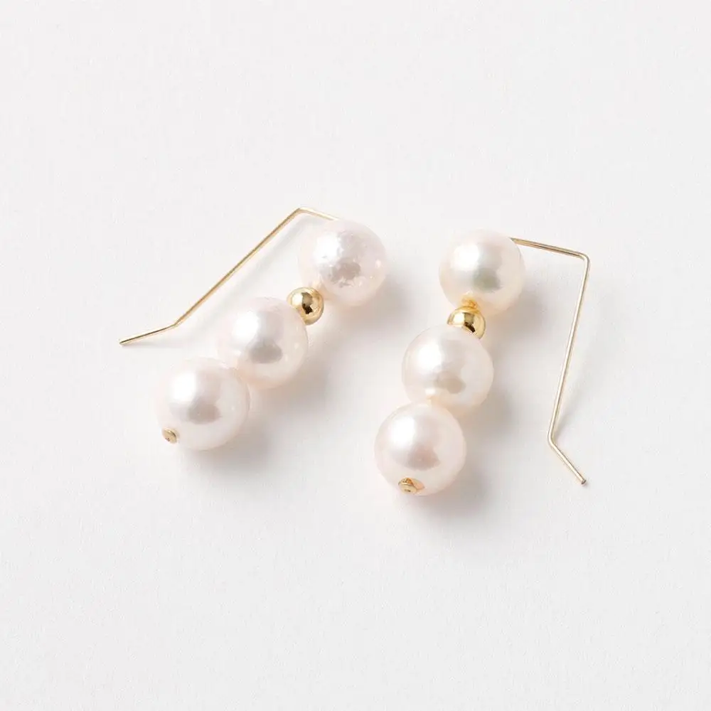 アコヤ真珠3粒ピアス 6.5mm~7mmシルバー 14金メッキ　　