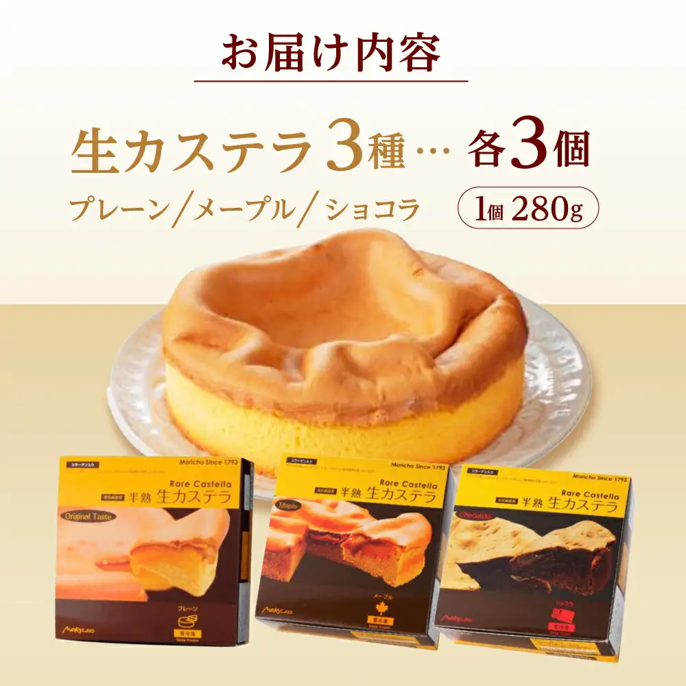 半熟生カステラ3個(プレーン・メープル・ショコラ)×3セット / カステラ かすてら 卵 人気 長崎 / 諫早市 / 株式会社菓秀苑森長 [AHAG008]
