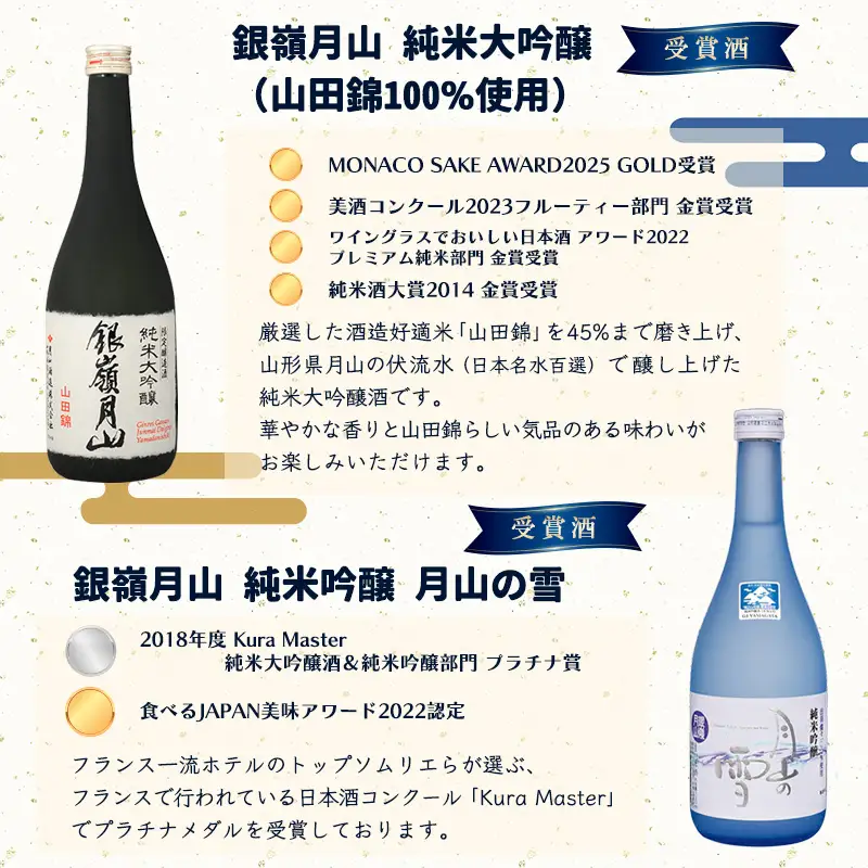 日本酒 定期便 全3回 720ml 計5本 日本酒 純米大吟醸 純米吟醸 銀嶺月山【2026年12月以降発送予定】　036-E-GS024