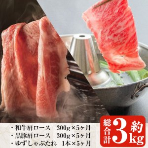 ＜定期便・全5回＞鹿児島県産 黒毛和牛 黒豚 しゃぶしゃぶ セット(各300g×2×5回・計3kg)【ナンチク】T1-v01