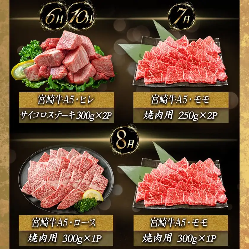 特選(A5)宮崎牛の宝箱 (12ヶ月定期便)〔TAH12-0101〕_(都城市) 宮崎牛 5等級 12ヶ月定期便 サーロイン芯スライス モモスライス シャトーブリアンステーキ 特上モモステーキ ロース焼肉用 ヒレステーキ