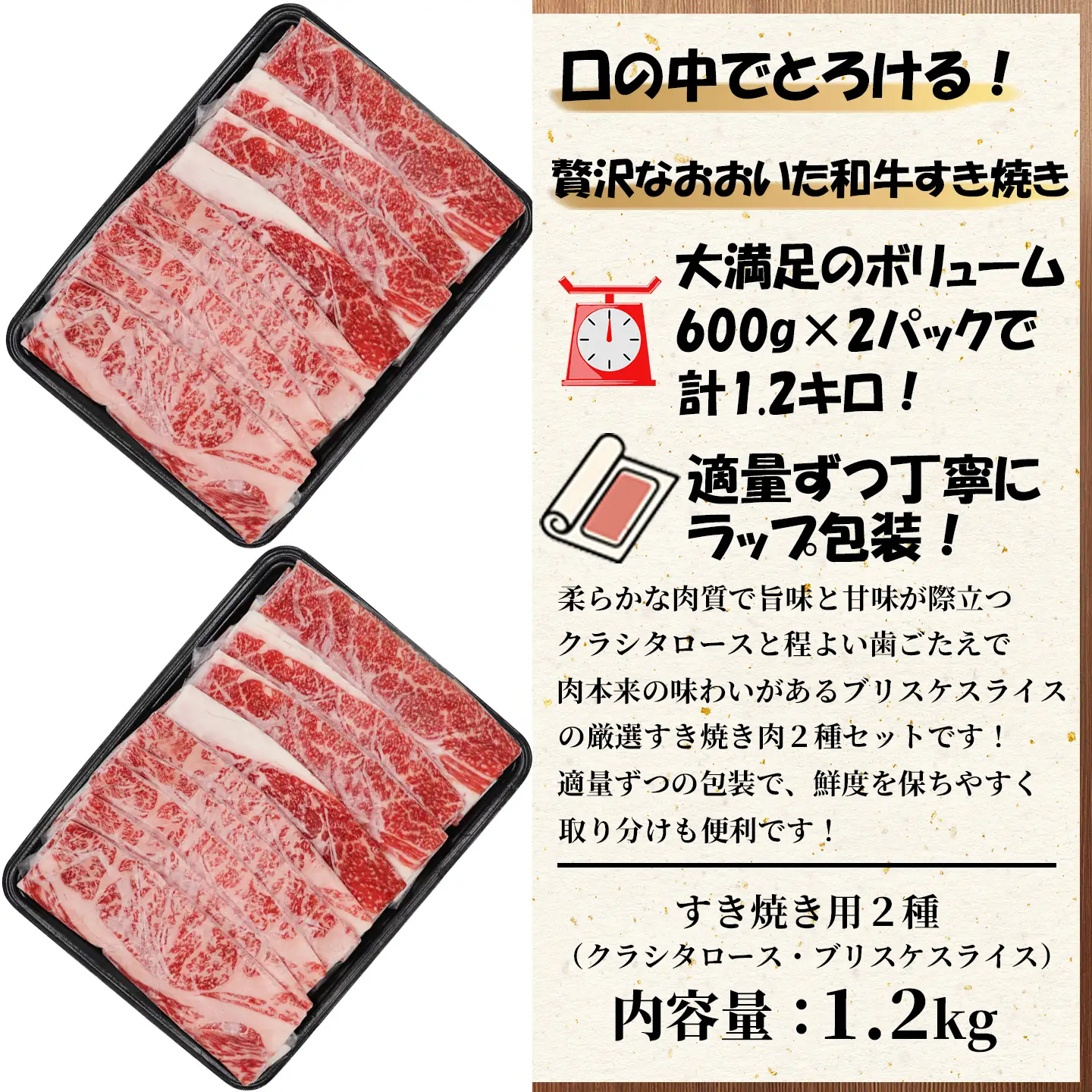 すき焼き 黒毛和牛 おおいた和牛 ブリスケ 肩ロース 食べ比べ ／ おおいた和牛 すき焼き用2種セット 計1.2kg（クラシタロース・ブリスケスライス ） ＜102-302＞