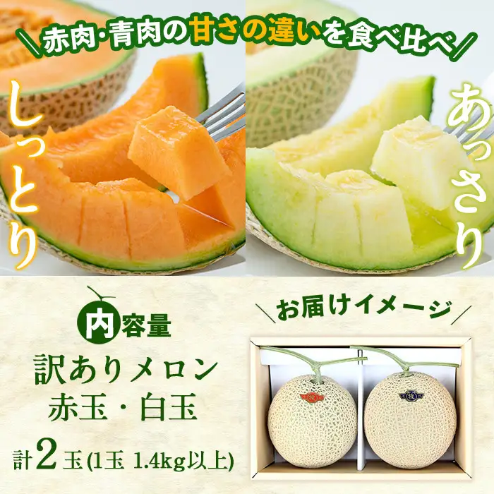 【訳あり・数量限定】牧さんの訳ありメロン 赤玉・白玉 計2玉(赤肉・青肉 各1玉) メロン マスクメロン 果物 くだもの デザート 青肉 赤肉 訳あり b0-104