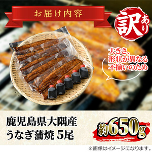 【0603716a】＜訳あり・数量限定＞鹿児島県産東串良町のうなぎ蒲焼(5尾・計650g以上・秘伝のタレ付き) うなぎ 高級 ウナギ 鰻 国産 蒲焼 蒲焼き たれ 鹿児島 訳あり【うなぎ太郎】