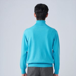 日本製 カシミヤ100% タートルネック ターコイズブルー 2Lサイズ [2660]