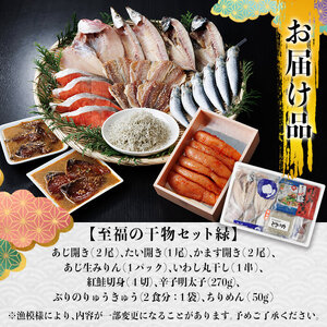 老舗海産物問屋 選りすぐり 干物 セット 緑 (9種) 鯵 あじ みりん ちりめん 鯛 たい 鰯 かます 鮭 紅鮭 しゃけ 鰤 明太子 辛子明太子 めんたいこ 海鮮 魚 ぶり ブリ 漬け いわし セット 詰合せ 大分県 佐伯市【BQ84】【佐伯海産】