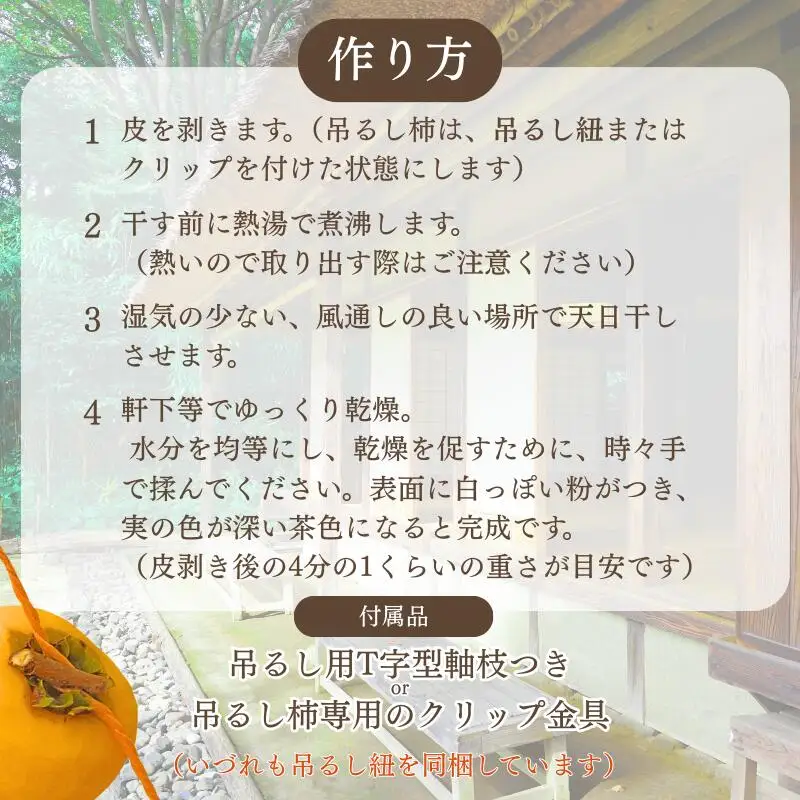 甘さが違う！とっても甘くなる生渋柿（平たねなし柿）吊るし柿用  T字枝or吊るしクリップ付約4.5～5kg　約24～30個＜2026年10月中旬～順次発送＞-Ted【art016B】
