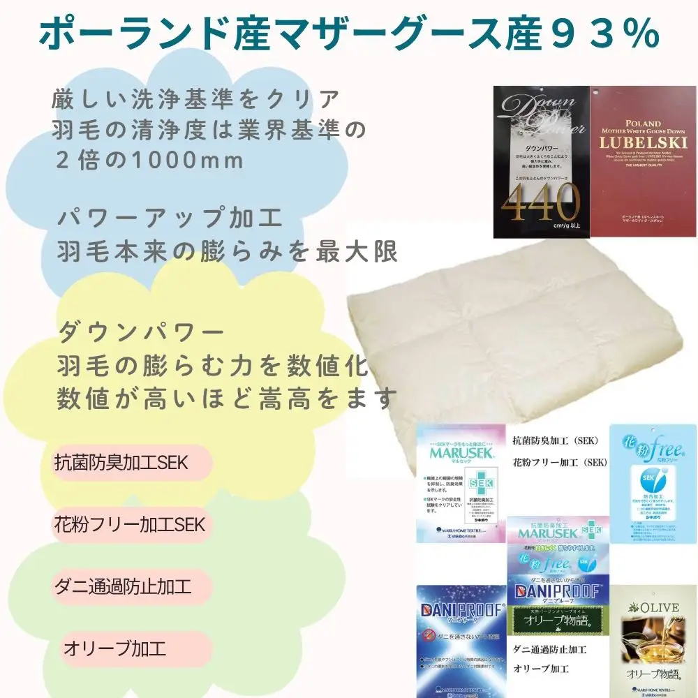 羽毛肌布団 クィーン ポーランド産マザーグース93％ ダウンパワー440 羽毛肌掛け布団 CK336