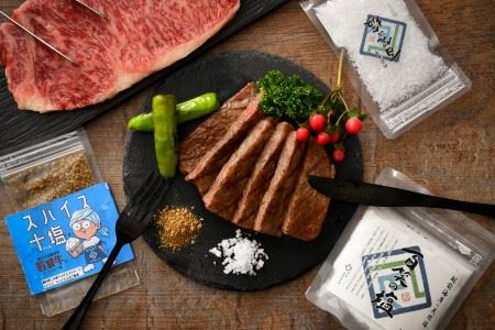 若狭牛 特上サーロインステーキ 250g × 2枚 & 越前海岸の百笑の塩・結晶塩・若狭牛専用スパイス セット [D-1804]